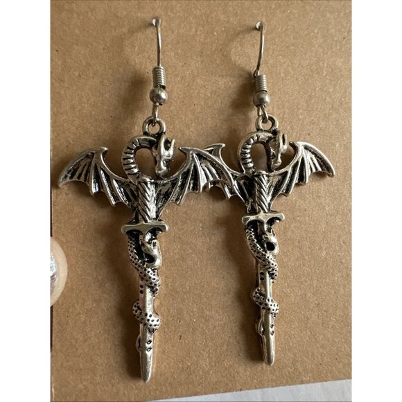 Dragon Jewelry - Dragon Sword Silver Tone Gothic Dangle Pierced Earrings 2.5”
